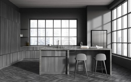 Photo for Modern dark home kitchen interior with bar island, stool and cooking area with kitchenware and fridge, hardwood floor. Panoramic window on Singapore skyscrapers. 3D rendering - Royalty Free Image