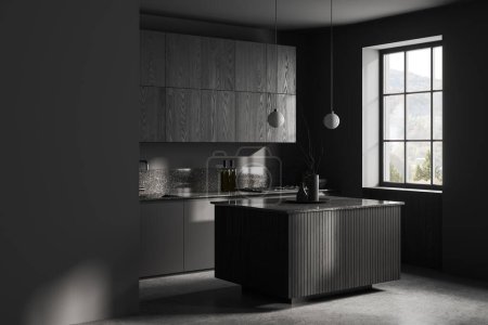 Photo for Corner of stylish kitchen with gray and black walls, concrete floor, gray cabinets with built in sink and cooker and square island. 3d rendering - Royalty Free Image