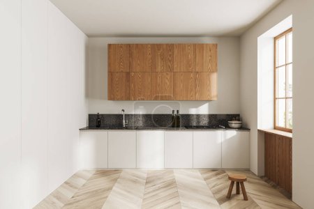 Téléchargez les photos : Intérieur de cuisine maison blanche avec espace de cuisson minimaliste, tabouret et ustensiles de cuisine avec étagères, parquet. Coin repas élégant avec fenêtre panoramique. rendu 3D - en image libre de droit
