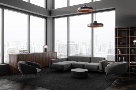 Foto de Esquina de la moderna sala de estar con paredes grises, suelo de madera oscura, cómodo sofá gris, dos sillones, mesa de centro redonda y librería. renderizado 3d - Imagen libre de derechos