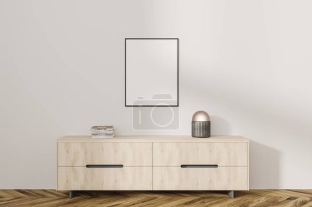 Photo for Interior of stylish living room with white walls, wooden floor, light wooden dresser and vertical mock up poster hanging above it. 3d rendering - Royalty Free Image