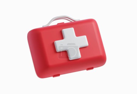 Foto de Vista del botiquín de primeros auxilios rojo y blanco sobre fondo blanco. Concepto de tratamiento de lesiones y atención médica. renderizado 3d - Imagen libre de derechos