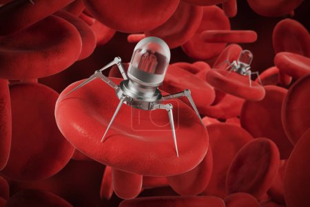 Photo for Microscopic nano robots with blood cells. Genetic engineering and the use of nanorobots for treatment of cancer and other diseases. Concept of future, medicine and nanotechnology. 3D rendering illustration - Royalty Free Image