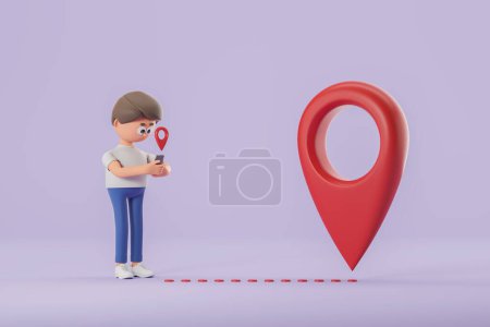 Cartoon man with smartphone looking for his destination standing near big red geotag over purple background. Concept of navigation. 3d rendering