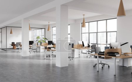 Foto de Oficina de negocios interior con coworking y espacio para conferencias, vista lateral piso de hormigón gris. Salón blanco, espacio de trabajo con ventana panorámica sobre rascacielos. Renderizado 3D - Imagen libre de derechos