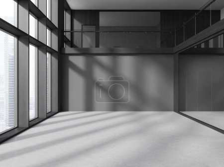 Foto de Interior de la oficina elegante con paredes grises y de madera, piso de hormigón, ventana panorámica y gran pared gris simulacro. renderizado 3d - Imagen libre de derechos