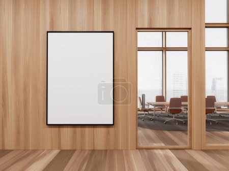 Photo for Stylish office interior with conference table behind glass doors, armchairs and panoramic window on skyscrapers. Business hallway and mock up canvas poster on wooden wall. 3D rendering - Royalty Free Image