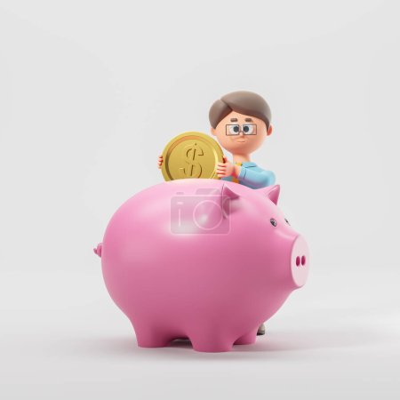 Photo for 3d rendering. Cartoon character businessman putting a gold dollar coin into piggy box. Concept of savings, money storage and accumulation illustration - Royalty Free Image