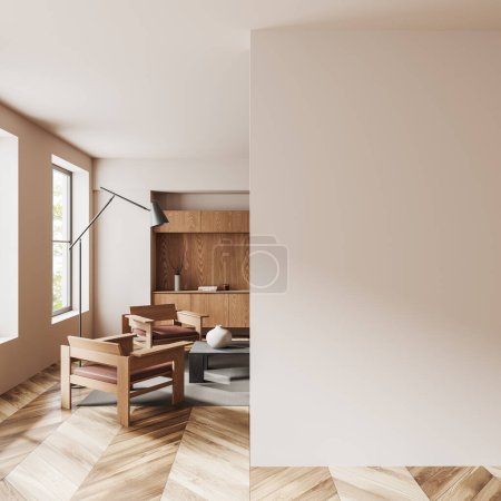 Téléchargez les photos : Salon intérieur beige avec mobilier en bois, fauteuils et table basse sur tapis. Espace de réunion élégant avec fenêtre panoramique et maquette de mur d'espace de copie. rendu 3D - en image libre de droit