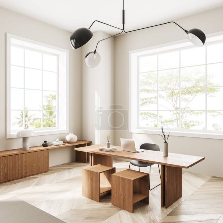 Photo for Cozy home office interior with laptop computer on wooden desk, side view minimalist sideboard with decoration on hardwood floor. Panoramic window on tropics. 3D rendering - Royalty Free Image