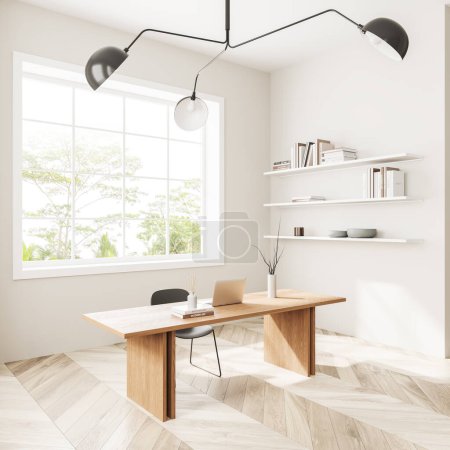 Foto de Acogedor interior de la oficina en casa con ordenador portátil en la mesa, vista lateral estante minimalista con decoración y suelo de madera. Ventana panorámica de los trópicos. Renderizado 3D - Imagen libre de derechos