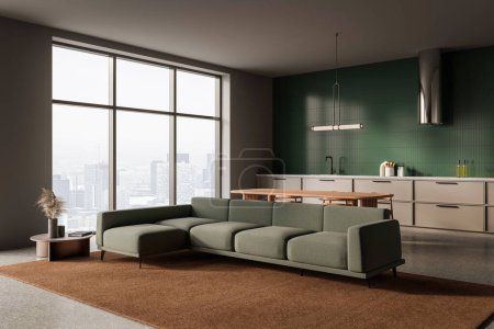 Photo for Dark home interior with sofa and coffee table on carpet, side view dining table with chairs on grey concrete floor. Eating zone with kitchenware and panoramic window on skyscrapers. 3D rendering - Royalty Free Image