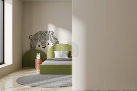 Photo for Interior of stylish child room with white walls, wooden floor, comfortable green bed and round bedside table. Mock up wall on the right. 3d rendering - Royalty Free Image