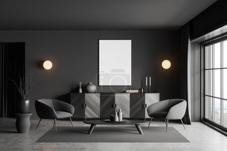 Photo for Dark living room interior two armchairs and coffee table, dresser with art decoration, carpet on grey concrete floor. Panoramic window on countryside. Mock up canvas poster. 3D rendering - Royalty Free Image
