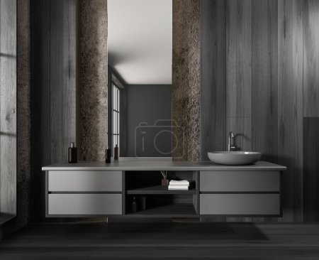 Photo for Black wooden bathroom interior with sink and mirror. Dresser with bath accessories, hand soap bottle. Luxury bathing area in hotel studio with window. 3D rendering - Royalty Free Image