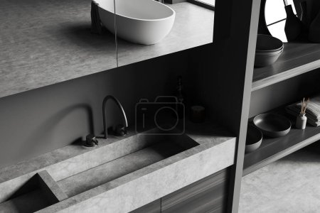 Photo for Top view of dark bathroom interior with sink and mirror, shelf with bath accessories and minimalist art decoration, grey concrete floor. 3D rendering - Royalty Free Image