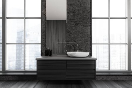 Photo for Black wooden bathroom interior with sink and mirror. Panoramic window on Singapore city view. Hotel studio with minimalist bathing area. 3D rendering - Royalty Free Image