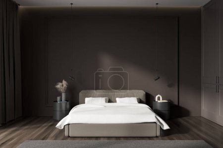 Photo for Front view on dark bedroom interior with empty brown wall, bed, bedsides, pillows, lamp, houseplant, wooden hardwood floor. Concept of minimalist design. Space for creative idea. 3d rendering - Royalty Free Image