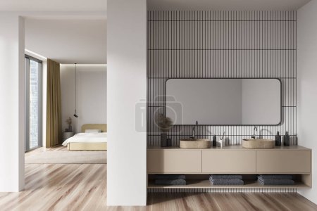 Photo for White bedroom interior with double sink and mirror, bed on carpet and hardwood floor. Hotel room and panoramic window on Singapore city view. 3D rendering - Royalty Free Image