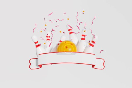 Foto de Bola de bolos amarilla golpeando alfileres con cinta roja y confeti cayendo, fondo blanco. Concepto de ganar. Espacio de copia burlona. Renderizado 3D - Imagen libre de derechos