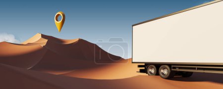 Téléchargez les photos : Camion miniature avec épinglette de localisation, balise géographique et fourgon de livraison dans un paysage désertique abstrait à la lumière du jour. Concept de logistique globale. rendu 3D - en image libre de droit