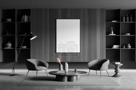 Photo for Dark living room interior two armchairs and coffee table, shelf with art decoration, carpet on grey concrete floor. Mock up blank poster. 3D rendering - Royalty Free Image