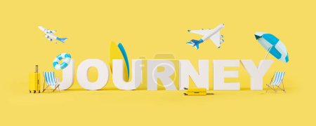 Téléchargez les photos : Bannière web Journey avec accessoires de plage avec avion et valise sur fond jaune. Voyager et réserver des billets. Concept de détente. rendu 3D - en image libre de droit