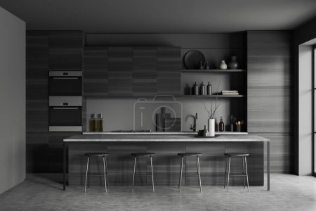 Foto de Interior de la cocina oscura con sillas de bar y encimera en piso de hormigón gris. Utensilios de cocina en el estante, zona de cocina con muebles minimalistas. Renderizado 3D - Imagen libre de derechos
