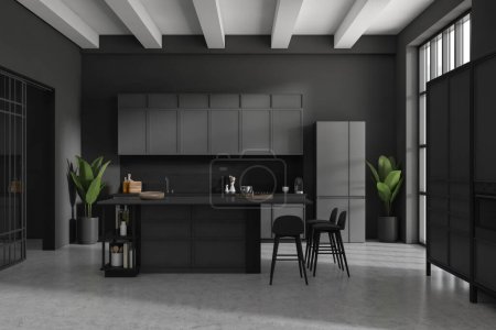 Photo for Dark kitchen interior with bar chairs and countertop on grey concrete floor. Kitchenware on deck, cooking area with fridge and panoramic window. 3D rendering - Royalty Free Image