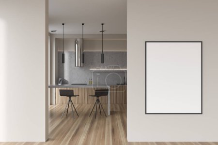 Photo for Beige kitchen interior with bar chairs and table on hardwood floor. Hotel kitchenware in cooking space. Mockup canvas poster before entrance. 3D rendering - Royalty Free Image