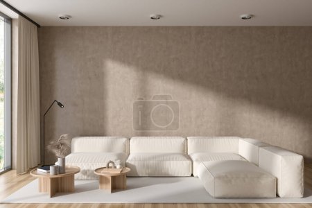 Photo for Beige chill interior with sofa and coffee table with art decoration, carpet on hardwood floor. Panoramic window on tropics. Copy space empty wall, 3D rendering - Royalty Free Image