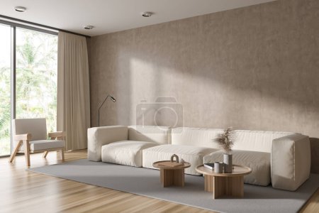 Photo for Beige relax room interior with sofa and armchair, side view, coffee table with modern decoration, hardwood floor. Panoramic window on tropics view. Copy space empty wall, 3D rendering - Royalty Free Image