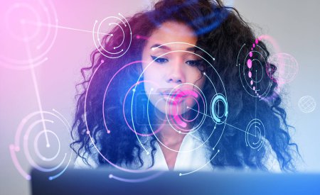 Photo for Black businesswoman portrait using laptop, double exposure, metaverse hologram with colorful circuit of web connection. Concept of online network - Royalty Free Image