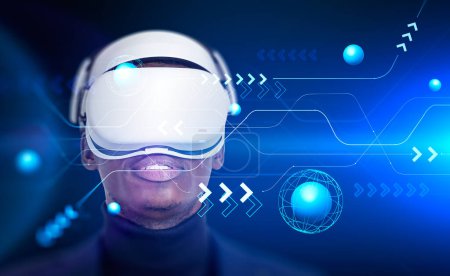 Photo for Black businessman portrait in vr glasses headset, abstract metaverse hologram, earth spheres and connection lines with arrows. Concept of futuristic technology - Royalty Free Image