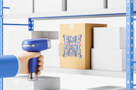 Foto de Personaje de dibujos animados con un escáner de código de barras en la mano, escaneando un código QR azul en el paquete de cartón en el estante de almacenamiento en el almacén. Concepto de orden. Renderizado 3D - Imagen libre de derechos