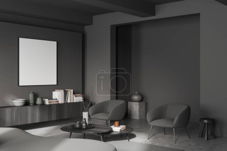Photo for Dark living room interior in apartment with sofa and armchairs, side view, dresser with decoration, carpet on grey concrete floor. Mock up blank square poster. 3D rendering - Royalty Free Image
