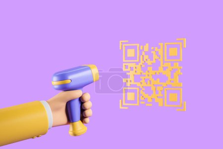 Foto de Mano de dibujos animados sosteniendo un escáner lector de códigos de barras, código QR amarillo sobre fondo púrpura. Renderizado 3D - Imagen libre de derechos