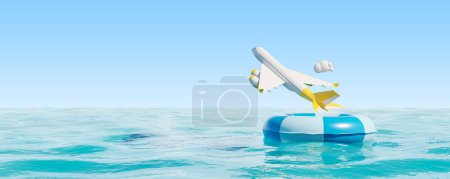 Téléchargez les photos : Anneau en caoutchouc flottant dans l'eau, avion volant sur fond d'espace de copie bleue. Concept de mer et de vacances. rendu 3D - en image libre de droit