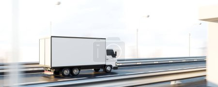 Téléchargez les photos : Camionnette roulant sur l'autoroute de la ville, vue latérale. Concept de logistique et de service de livraison. Maquette de l'espace de copie. rendu 3D - en image libre de droit