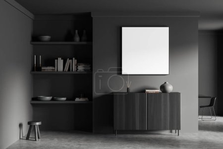 Photo for Dark living room interior with dresser and loft shelf with decoration, stool on grey concrete floor. Mock up square poster. 3D rendering - Royalty Free Image