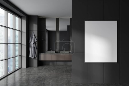 Téléchargez les photos : Intérieur sombre de la salle de bain de l'hôtel avec double lavabo, accessoires et sol en béton gris. Fenêtre panoramique sur Singapour vue sur la ville. Affiche maquette avant l'entrée. rendu 3D - en image libre de droit