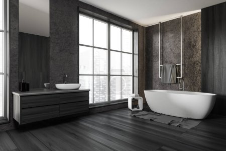 Photo for Dark bathroom interior with sink and mirror, side view, bathtub with accessories on black hardwood floor. Panoramic window on Singapore city view. 3D rendering - Royalty Free Image