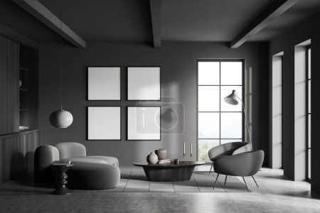 Photo for Front view on dark living room interior with four white posters, panoramic window, coffee table, sofa, grey wall, armchairs, concrete floor. Concept of minimalist design. Mock up. 3d rendering - Royalty Free Image