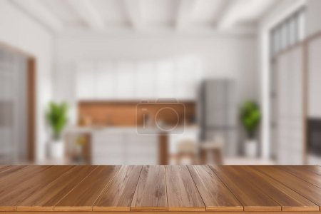 Foto de Encimera de madera sobre fondo de borrosa cocina blanca interior con barra isla y ventana. Espacio de copia de burla para la visualización del producto. Renderizado 3D - Imagen libre de derechos