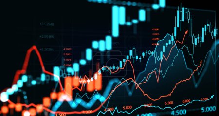 Hologramm des Devisenmarktes, Dynamik und Statistik der Leuchter, Balkendiagramm mit Zahlen. Konzept von Online-Handel, Trend und Finanzen. 3D-Darstellung