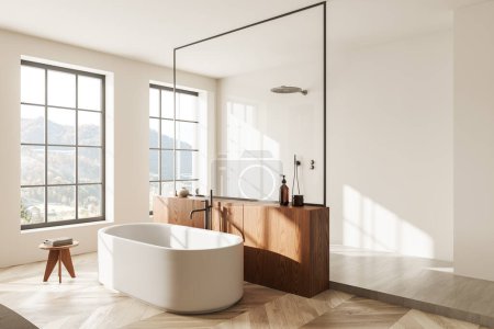 Photo for Cozy hotel bathroom interior with bathtub and shower, side view glass partition and accessories on dresser. Bathing corner with panoramic window on countryside, hardwood floor. 3D rendering - Royalty Free Image