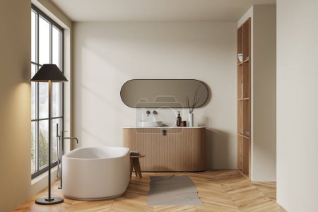 Beige hotel bathroom interior with bathtub and sink with dresser, wooden shelf with accessories and decoration. Panoramic window on countryside, carpet on hardwood floor. 3D rendering