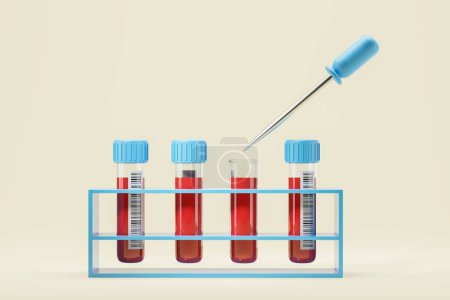 Photo for View of rack with test tubes with blood samples with bar codes and medical dropper over yellow background. Concept of medical check up, healthcare and biochemistry. 3d rendering - Royalty Free Image