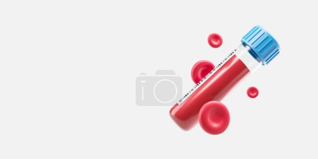 Photo for View of test tube with blood sample and bar code with erythrocytes around it over white background. Concept of medical check up, healthcare and biochemistry. 3d rendering, copy space - Royalty Free Image