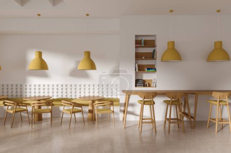 Photo for White cozy cafe interior with bar stool, chairs and table, beige tile concrete floor. Shelf with decoration and books. Stylish eating area with minimalist wooden furniture. 3D rendering - Royalty Free Image